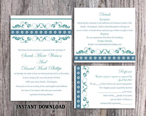 Wedding - Wedding Invitation Template Download Printable Wedding Invitation Editable Blue Wedding Invitations Elegant Invitation Floral Invitation DIY - $15.90 USD