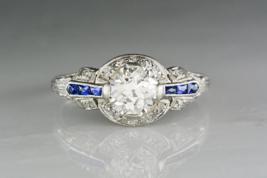 Hochzeit - 1.15 Carat Old European Cut Diamond in Antique Edwardian / Early Art Deco Platinum, Diamond, and Sapphire Engagement Ring R1215