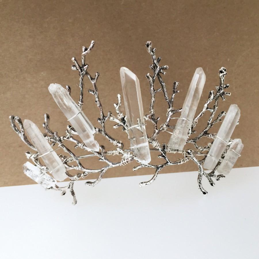 Wedding - The ESME Crown - Quartz Raw Crystal and Branch Twig Antler Woodland Ethereal Natural Crown.