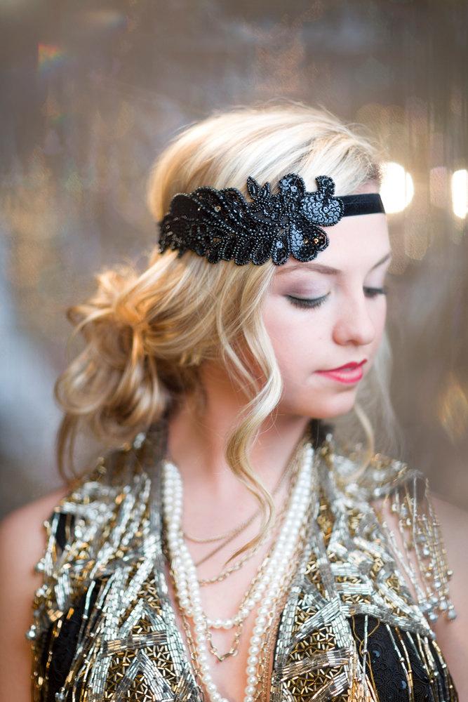 زفاف - New Years Eve 1920s Hair Accessories, Black Beaded Sequin Headband, 1920's Headpiece, Flapper Headband, Gatsby Headpiece, Daisy Buchanan
