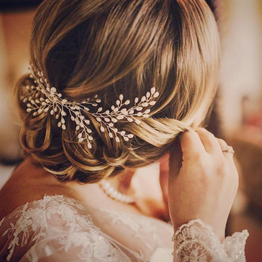 Hochzeit - Bridal headpiece, bridal halo for updo, hair vine, freshwater pearl wreath, bridal hair accessories, demi halo, back of head, wedding comb