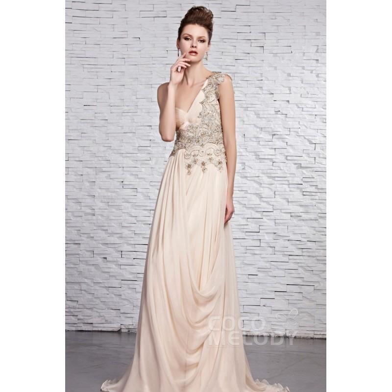 Hochzeit - Hot Selling Sheath-Column One Shoulder Sweep-Brush Train Chiffon Evening Dress with Appliques and Crystals COST14008 - Top Designer Wedding Online-Shop