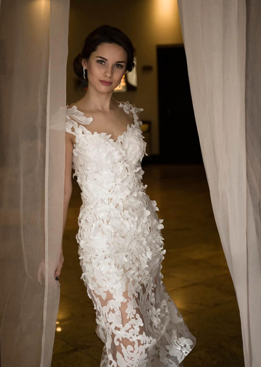 زفاف - Sequin wedding dress, White sequin dress, Sleeveless wedding dress with low back, Custom wedding dress in white, Handmade bridal dress