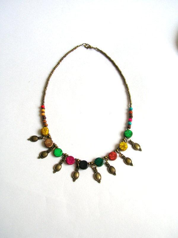 Wedding - Boho Necklace, Summer Jewelry, Wooden Metal Beaded Necklace, Colored Necklace