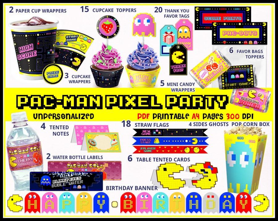 Hochzeit - Pacman party printables, Pacman birthday, Ms Pacman, arcade games pixels, cupcake wrappers, toppers, bottle labels, banner,tags, digital PDF