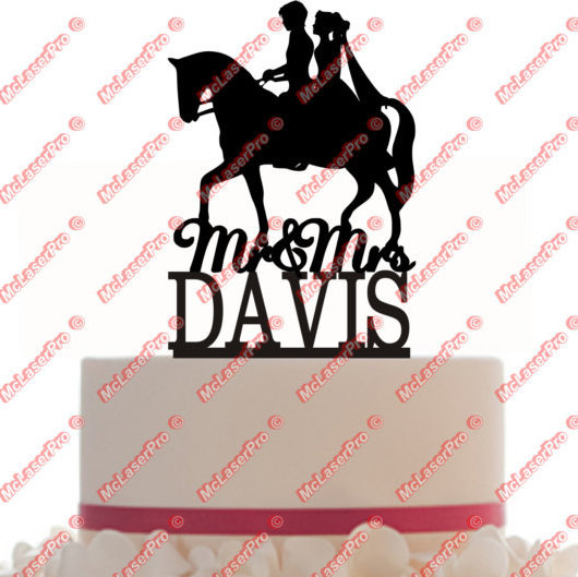 Wedding - Custom Wedding Cake Topper Mr and Mrs with a horse silhouette, your last name, choice of color and a FREE base for display CXHOR101