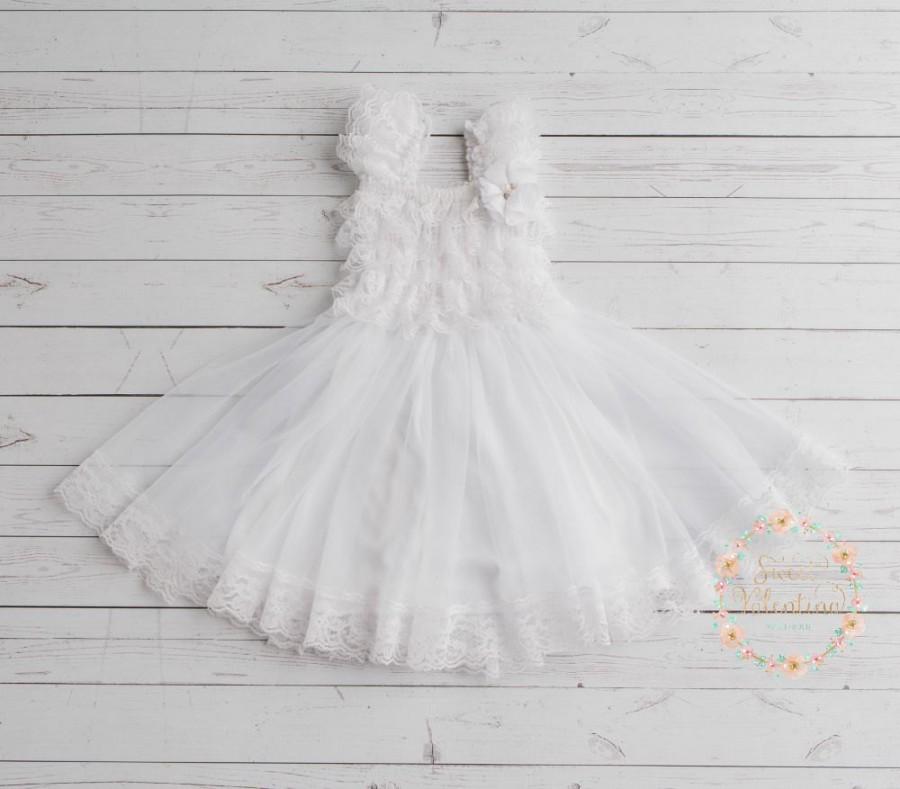 Свадьба - Flower Girl dress,baptism dress, White lace dress, baby girl dress, Baby dress, Christening dress, junior bridesmaid, rustic wedding dress.