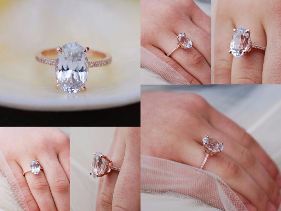 Hochzeit - Blake Lively engagement ring. White Sapphire Engagement Ring Oval engagement ring. 14k rose gold engagement ring 5.33ct white sapphire  ring