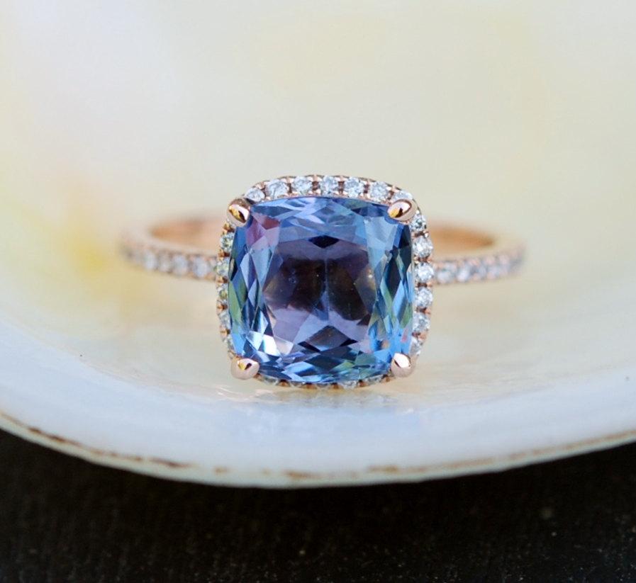 Hochzeit - Tanzanite Ring. Rose Gold Engagement Ring Blue Green Tanzanite Cushion halo engagement ring 14k rose gold.