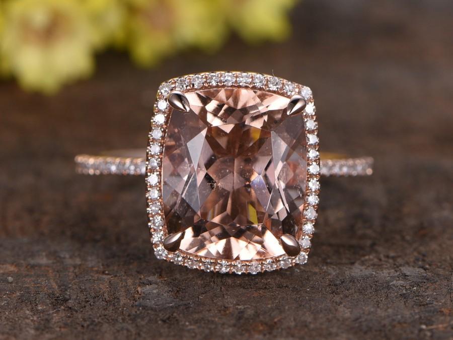 Hochzeit - Valentine's gift 4.4ct cushion pink morganite engagement ring,14k rose gold HALO diamond wedding band,bridal promise ring,10x12mm Gemstone