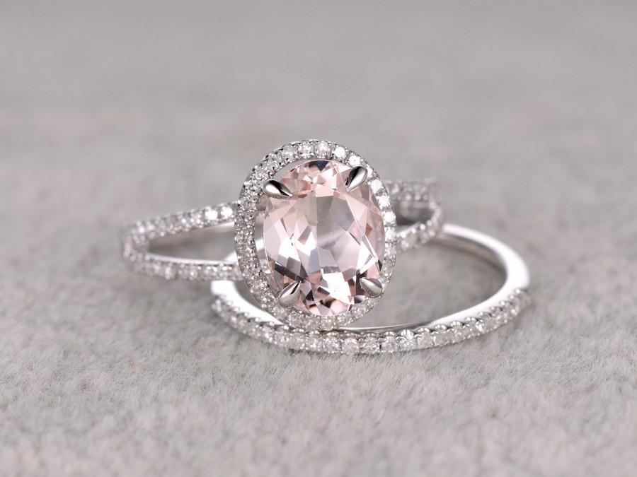 Hochzeit - 2pcs Morganite Bridal Ring Set,Engagement ring White gold,Diamond wedding band,14k,6x8mm Oval Cut,Split shank Promise Ring,matching band