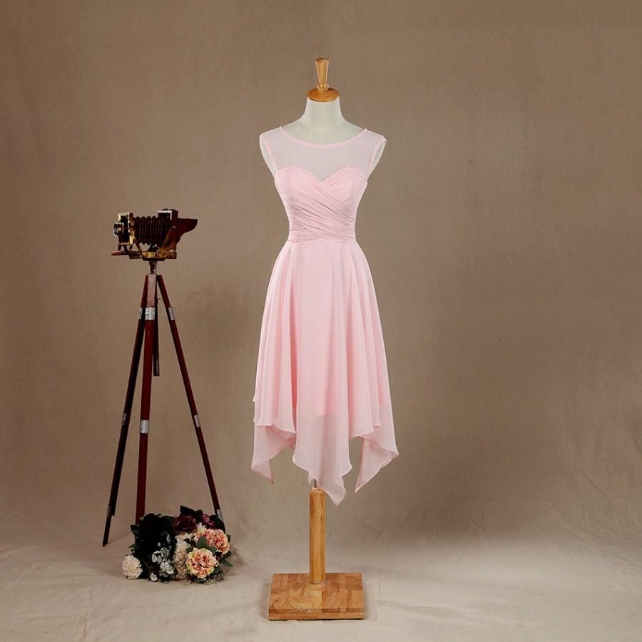 Свадьба - Light Pink Bridesmaid Dress, Mesh Illusion Neck Wedding Dress, Ruffle Straight Across Prom Dress, Asymmetrical Hem Elegant Dress