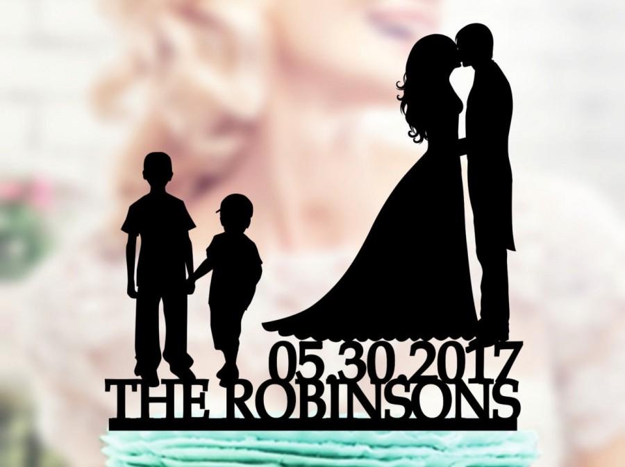 Mariage - Wedding Cake Topper Silhouette Groom and Bride with Kids , Family Wedding Cake Topper Bride and Groom With Children , cake topper children