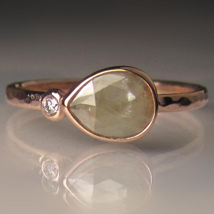 زفاف - 14k Rose Gold Rose Cut Diamond Engagement Ring, Hammered Rose Cut diamond Ring, 14k Rose Gold Diamond Multistone Ring,  OOAK