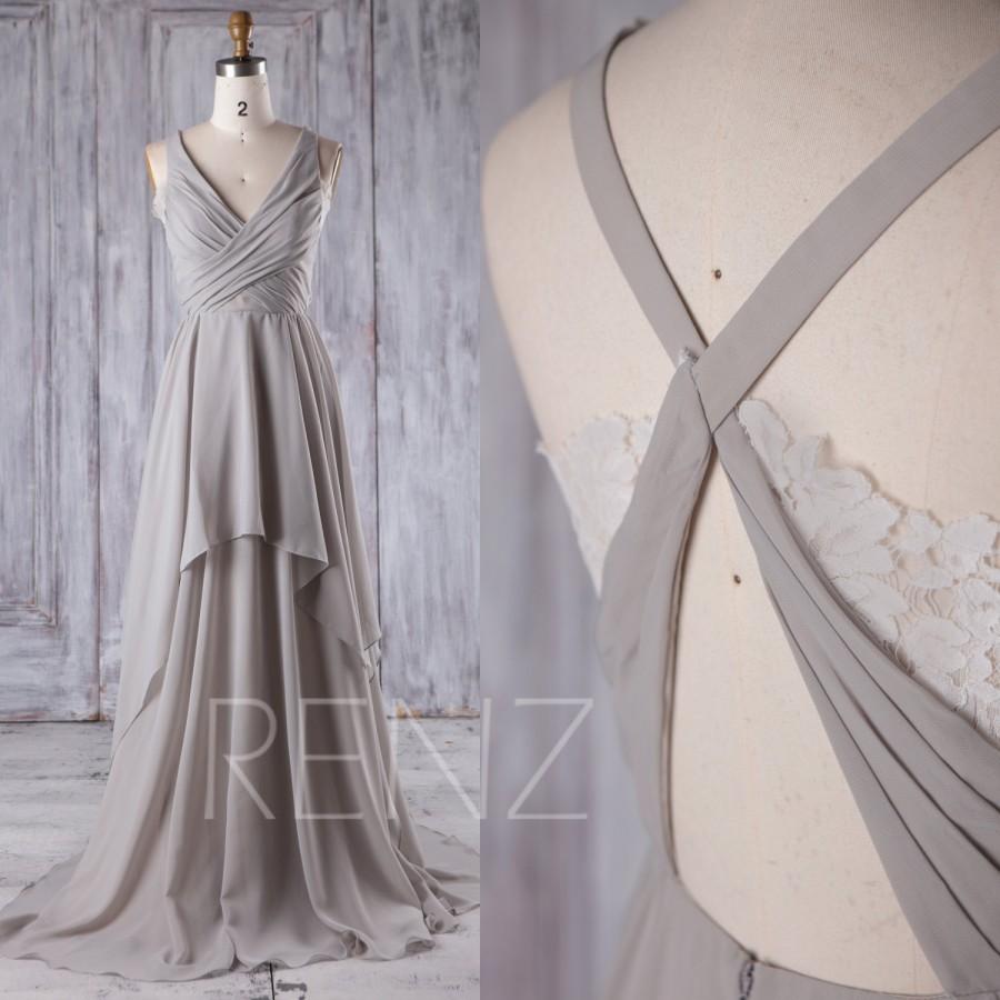 زفاف - 2017 Light Gray Chiffon Zoho Bridesmaid Dress with Ruffle, V Neck Wedding Dress Train, Off White Lace Back Prom Dress Full Length (L241)