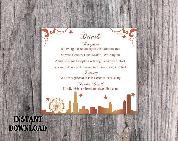 Wedding - DIY Wedding Details Card Template Download Printable Wedding Chicago Skyline Details Card Editable Gold Details Card Elegant Enclosure Card - $6.90 USD