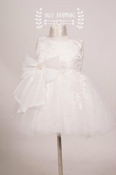 Mariage - Soft white Elegance flower girl dress Christening dress baptism lace tulle dress with detachable bow.
