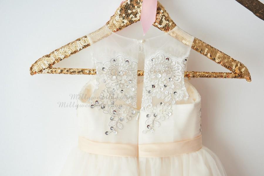 Свадьба - Champagne Tulle Silver Lace Flower Girl Dress Wedding Bridesmaid Dress M0057