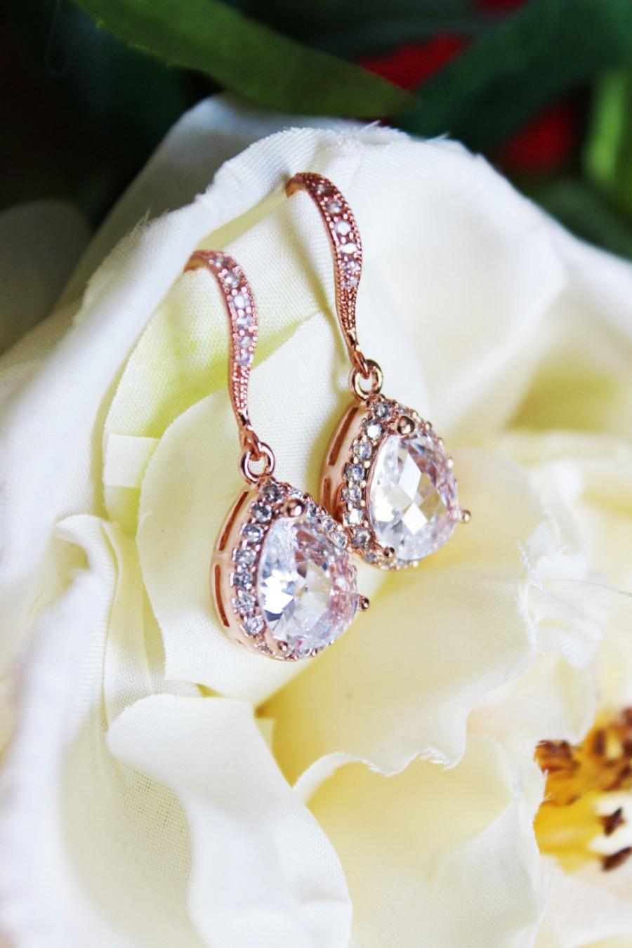 Mariage - Rose Gold Crystal Drop Wedding Earrings, Rose Gold Bridal Earrings, Bridal Accessories, Bridesmaid Crystal Drop Earrings, CZ Earrings