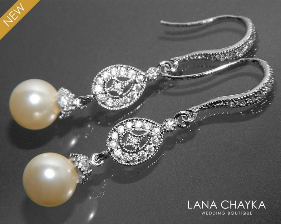 Mariage - Bridal Pearl Chandelier Earrings Swarovski 8mm Ivory Pearl Earrings Small Pearl CZ Wedding Earrings Wedding Pearl Jewelry Prom Pearl Jewelry - $32.90 USD