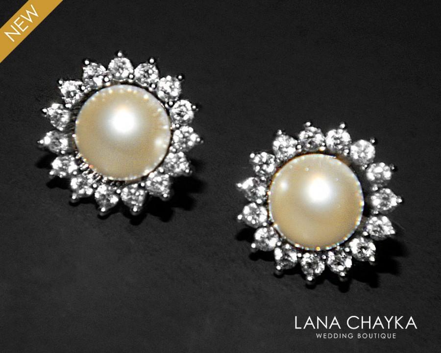 زفاف - Ivory Pearl Small Stud Earrings Swarovski Pearl CZ Earrings Bridal Pearl Halo Earrings Wedding Pearl Earrings Bridal Ivory Pearl jewelry - $19.50 USD