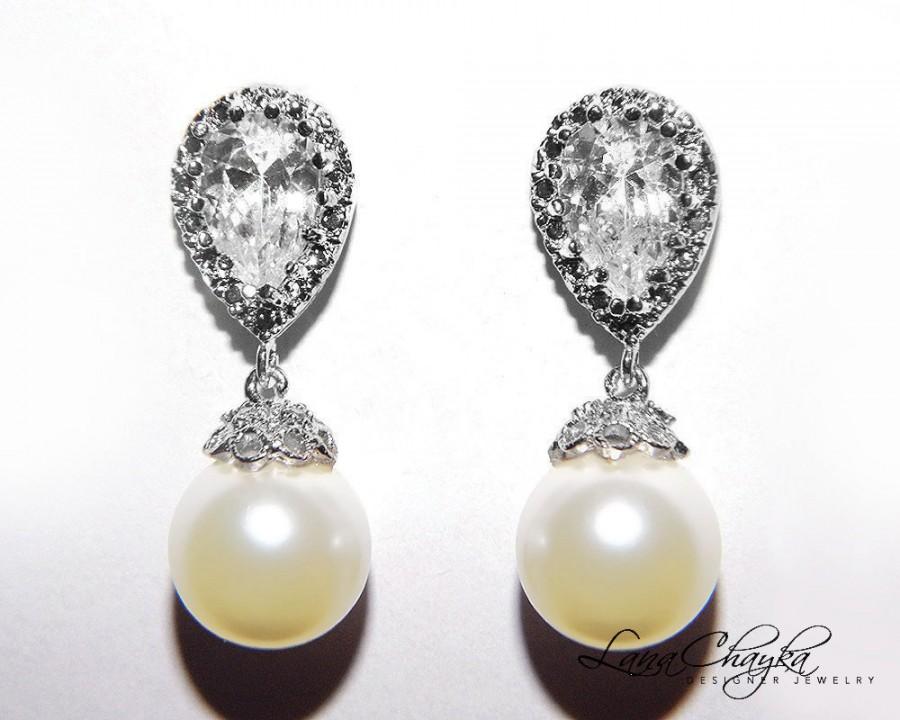 Wedding - Pearl Bridal Earrings Swarovski 10mm Ivory Pearl Drop CZ Earrings Wedding Pearl Earrings Cubic Zirconia Pearl Earrings Bridal Pearl Jewelry - $27.90 USD