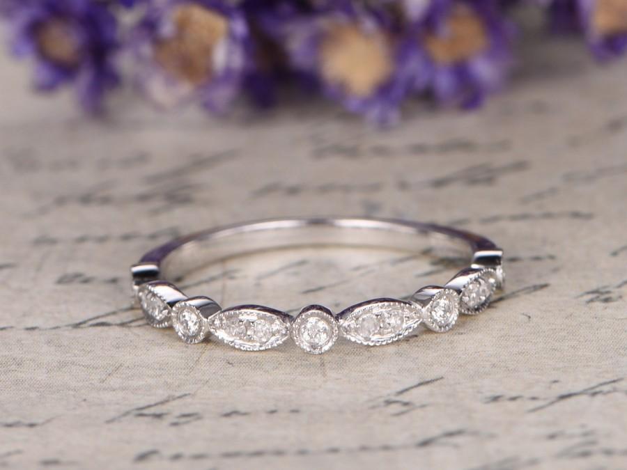 زفاف - 14K WHITE Gold Wedding Band,half Eternity Engagement Ring ,stacking mstcinging band,custom made fine jewelry,Milgrain Diamond Bridal band