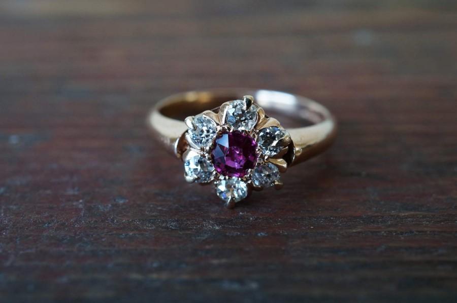 زفاف - Antique 9K Burmese Ruby and European Cut Diamond Cluster/Halo Engagement Ring in Rose Gold