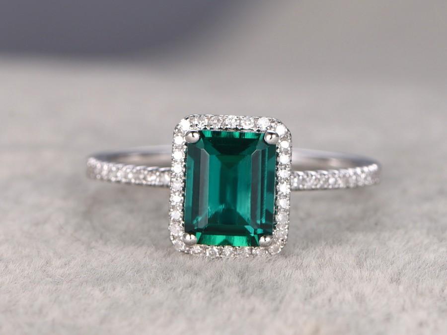 Wedding - 6x8mm Emerald Engagement ring White gold,.23ct Diamond wedding band,14k,Emerelad Cut Treated Emerald,Green Gemstone Promise Ring,Bridal
