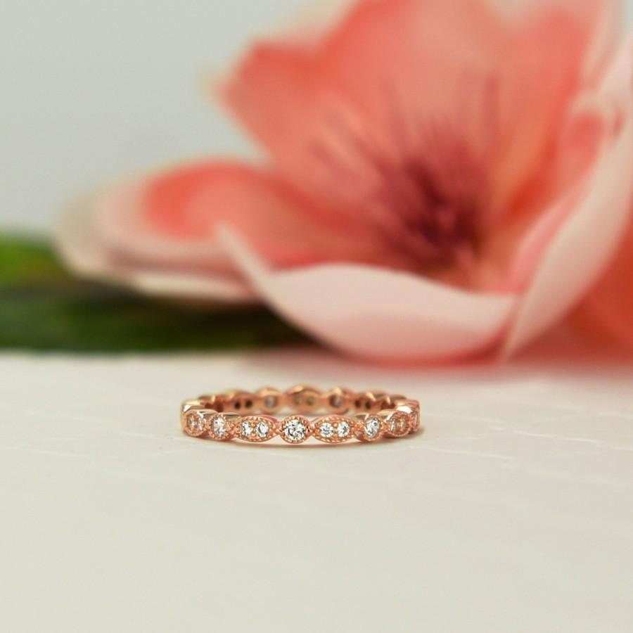 Wedding - Art Deco Full Eternity Ring, Marquise Wedding Band, Delicate Engagement Ring, Man Made Diamond Simulant, Sterling Silver, Rose Gold Plated