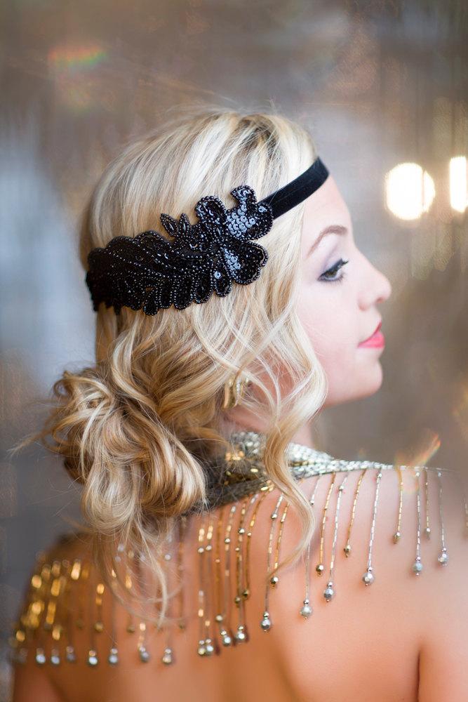 زفاف - Gatsby Headband, Black Beaded Headband, 1920s Headpiece, Flapper