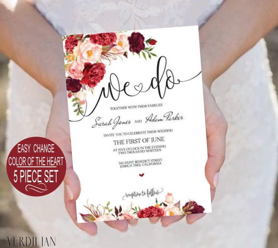 Hochzeit - Burgundy Flowers Watercolor Floral We do Wedding Invitation Template 5 piece Suite-DIY Printable Invitations-PDF-Download Instantly 