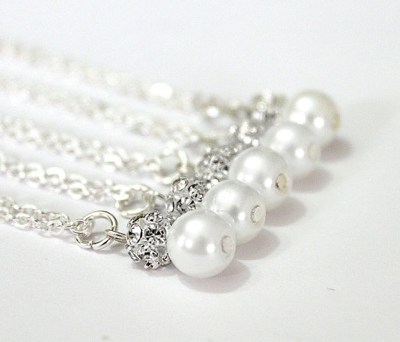 Wedding - Set of 4 Bridesmaid Necklaces,Sterling Silver Chain,Pearl and Rhinestone Necklaces, Pearl Necklaces,4 Pearl and Crystal Necklaces Gift Ideas
