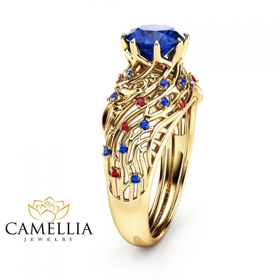 زفاف - Unique Design Sapphire and Ruby Engagement Ring Filigree 14K Yellow Gold Ring Natural Sapphire and Ruby Ring Art Deco Engagement  Ring