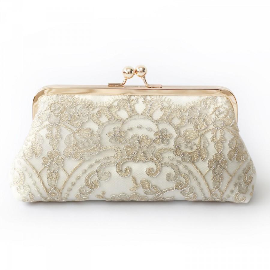 Wedding - Metallic silver and gold Alencon Lace Bridal Clutch in Ivory 8-inches