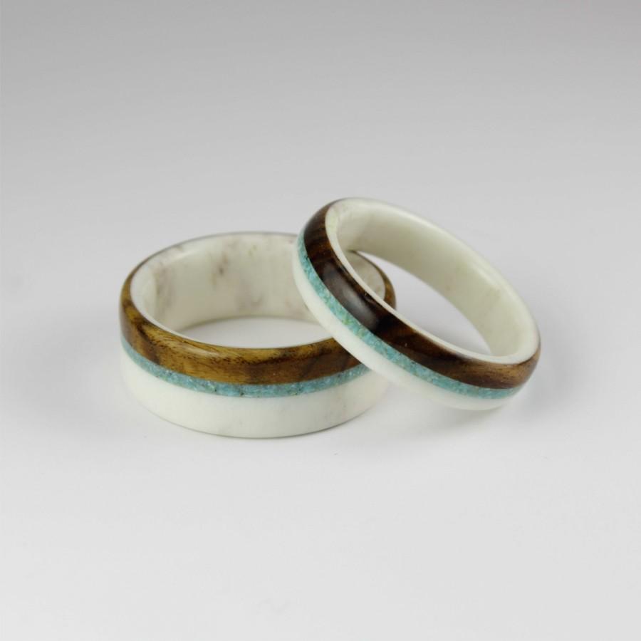 Свадьба - Deer Antler Wedding Ring Set With Turquoise and Rosewood Inlay/ Handmade Rings/Deer Rings