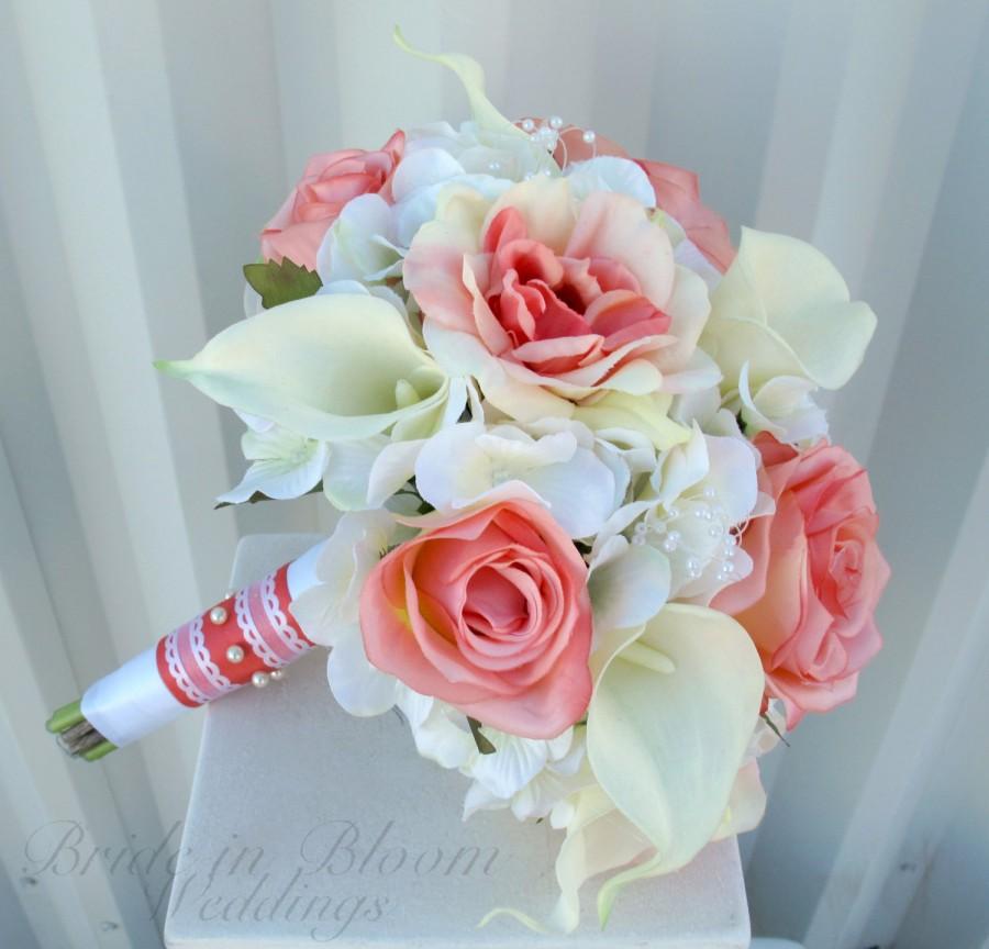 Hochzeit - Wedding bouquet - Coral rose white real touch calla lily Bridal bouquet - Brides bouquet