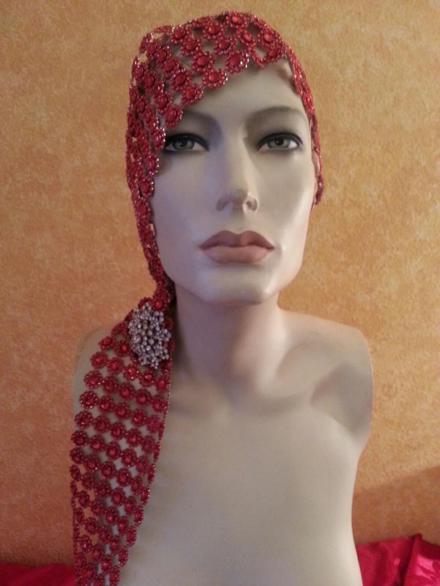 Hochzeit - Gatsby Goddess Red Illusion Jewel Mesh Crystal Brooch Bridal Headpiece Wedding Party Costume