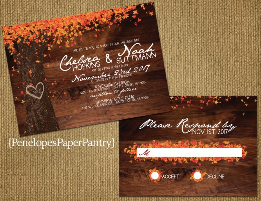 Свадьба - Elegant Rustic Fall Wedding Invitation, Oak Tree With Colorful Fall Leaves, Heart With Carved Initials,Opt RSVP,Customizable With Envelopes.