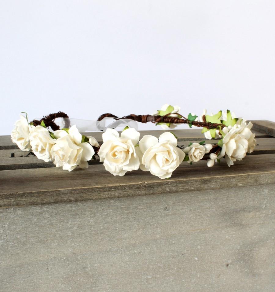 Wedding - Ivory Floral Crown, Flower Crown, Rustic Garland, Woodland Wedding, Boho Wedding, Bridal Floral Crown Headband, Flower Girl Flower Crown