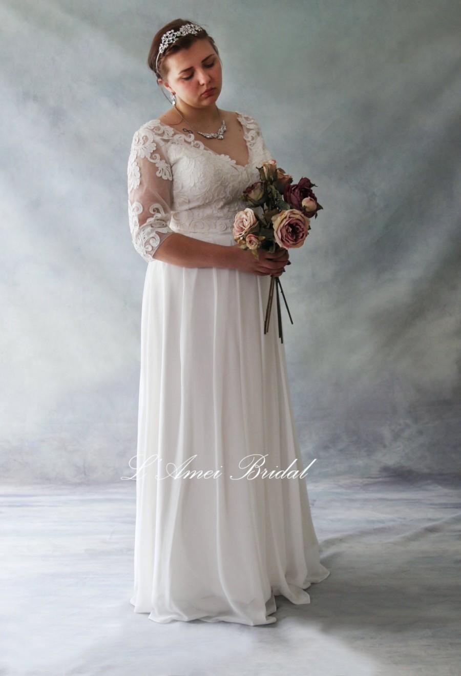 Свадьба - Custom Romantic Design Natural Waist Keyhole Back Lace Wedding Bridal Gown with  3/4 Sleeve Deep V Neck over Sweetheart - 2017 LAmei