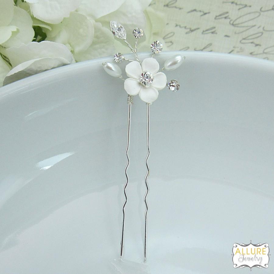 Mariage - Crystal clay flower rhinestone wedding hair pin, pearl bridal hair accessories, rhinestone hairpin, bridal hair pearl, hairpins 207176826