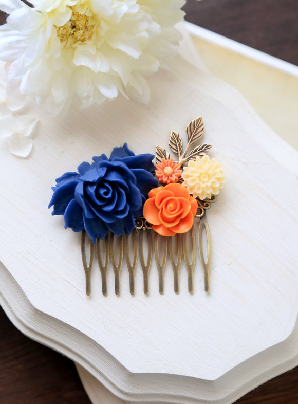 زفاف - Orange and Cobalt Blue Wedding Hair Comb, Cobalt Blue Orange Ivory Wedding Bridal Hair Comb, Bridesmaid Hair Comb