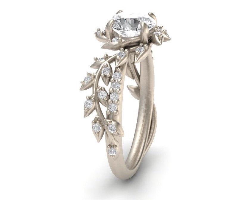 Wedding - Leaf Engagement ring,White Gold 14k,White Sapphire Engagement ring,Nature inspired Diamond Leaf ring,,Bridal ring. Active Photos, 137