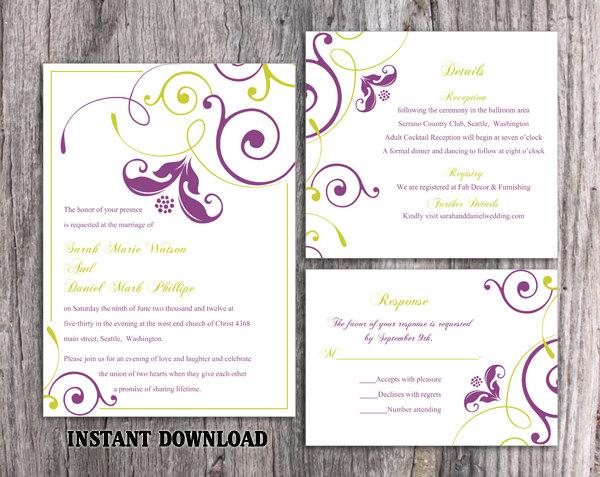 Wedding - Wedding Invitation Template Download Printable Invitation Editable Purple Invitation Green Invitation Elegant Floral Invitation Invite DIY - $15.90 USD