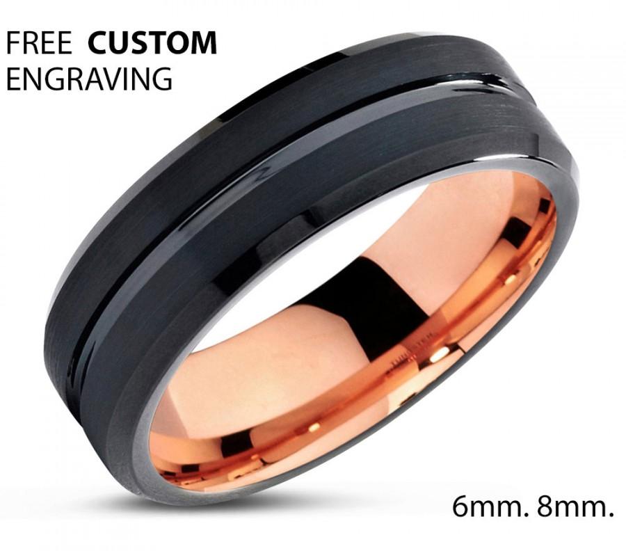 Hochzeit - Black Tungsten Ring Rose Gold Wedding Band Ring Tungsten Carbide 6mm 18K Tungsten Ring Man Wedding Band Male Women Anniversary Matching