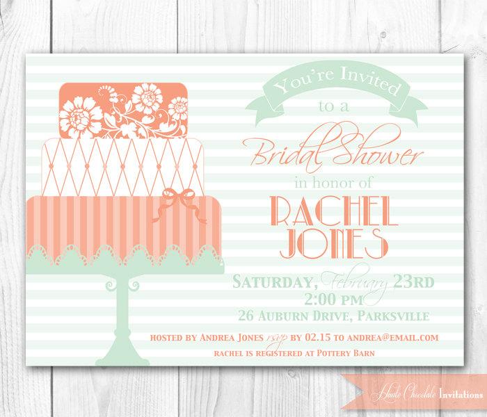 Wedding - Bridal Shower Invitation. Peach & Mint Vintage Inspired Bridal Shower Invite.