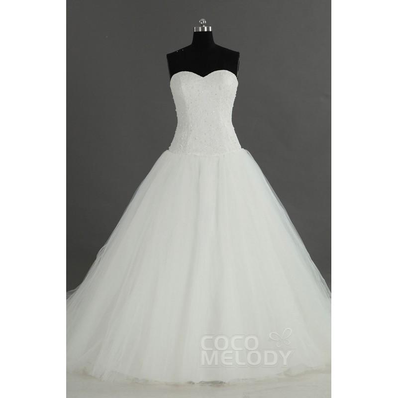 Wedding - Delicate Princess Sweetheart Train Tulle Ivory Sleeveless Wedding Dress with Beading - Top Designer Wedding Online-Shop