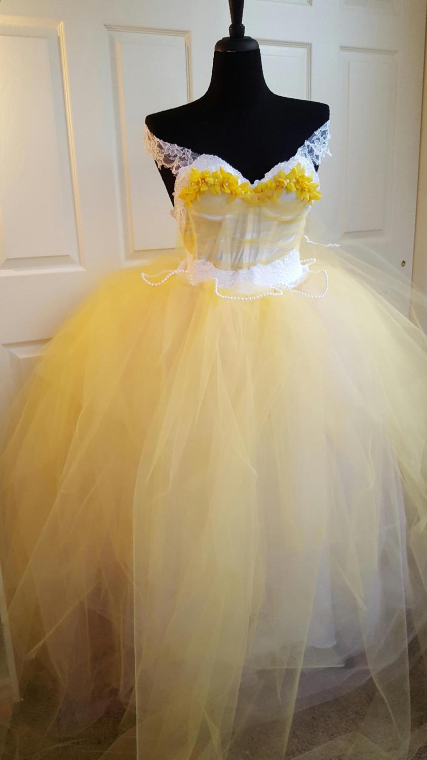 زفاف - Belle Beauty and the Beast Style Yellow White Fairytale Princess Corset w/Straps Lace Tulle Wedding Bridal Ballgown Costume Quinceanera Prom