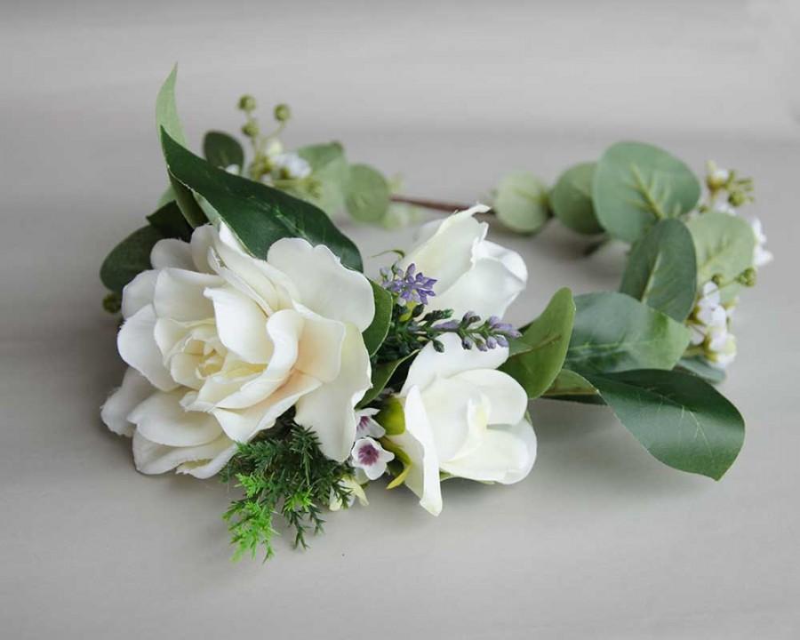 زفاف - Gardenia and eucalyptus silk flower crown, wedding crown